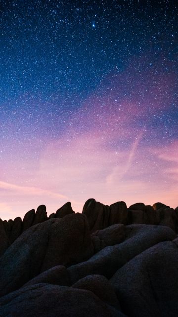 Rock formations, Joshua Tree National Park, California, Night time, Starry sky, Outer space, Astronomy, Landscape, Dusk, Sunset