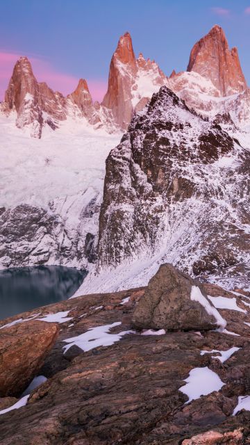 Glacier mountains, Winter, Snow covered, Body of Water, Sunrise, Peaks, Clear sky