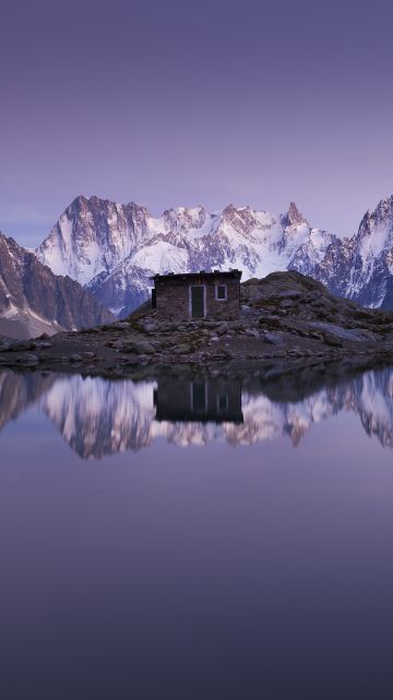 Mountain Hut, Mirror Lake, Snow covered, Glacier mountains, Sunset, Dusk, Reflection, Mountain range, Peaks