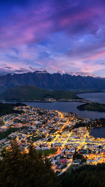 Bob's Peak, Ben Lomond, New Zealand, Queenstown, Lake Wakatipu, Sunset, Landscape, Mountain range, City lights