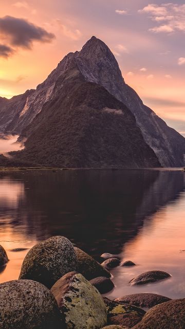 Fiordland National Park, Milford Sound, Mitre Peak, New Zealand, Sunset, Body of Water, Rocks, Lake, Reflection, Fog
