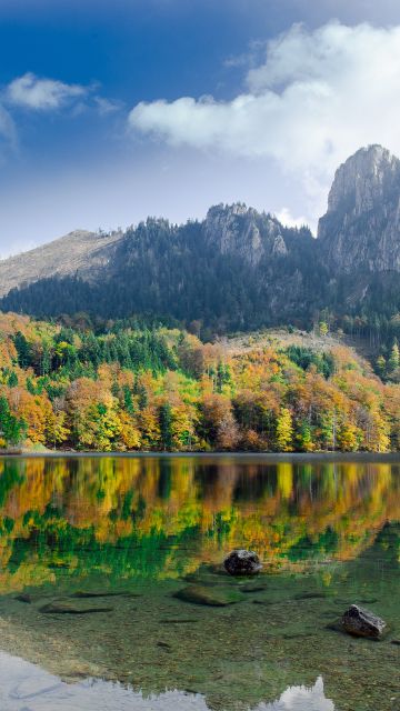 Langbathseen, Austria, Mirror Lake, Reflection, Mountain, Autumn trees, Clear water, Landscape, Scenery, 5K