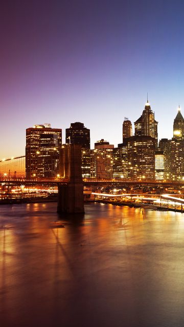 Manhattan Bridge, New York City, Cityscape, City lights, Skyline, Body of Water, Long exposure, Colorful Sky, Gradient, Skyscrapers
