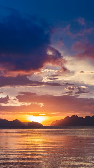 Bacuit Bay, Corong Beach, Philippines, Seascape, Sunset, Body of Water, Silhouette, Mountains, Cloudy Sky, 5K