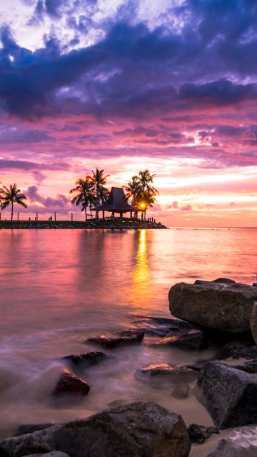 Tanjung Aru Resort, Kota Kinabalu, Malaysia, Sunset, Seascape, Palm trees, Landscape, Rocky coast, Long exposure, Cloudy Sky, Tourist attraction, 5K