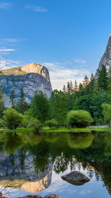 Yosemite Lake, Reflection, Green Trees, Body of Water, Woods, Landscape, Scenery, Greenery, Pleasant, Valley, Clear sky, Yosemite National Park, 5K