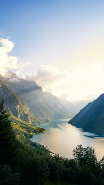Klöntalersee Lake, Alps, Switzerland, Landscape, Mountains, Sunset, Sun rays, Clouds, Green Trees, Scenery
