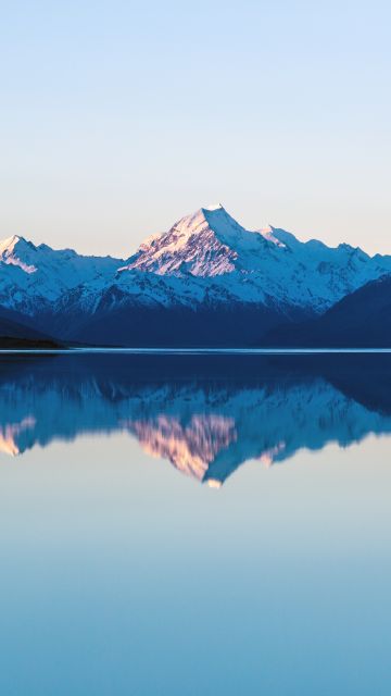 Mount Cook, Lake Pukaki, New Zealand, Sunset, Dusk, Mountain range, Snow covered, Reflection, Landscape, Scenery, 5K