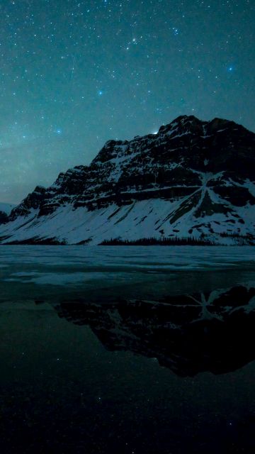 Bow Lake, Banff National Park, Canada, Bow River, Astronomy, Milky Way, Starry sky, Landscape, Reflection, Mountains, Night sky, Snow covered, 5K