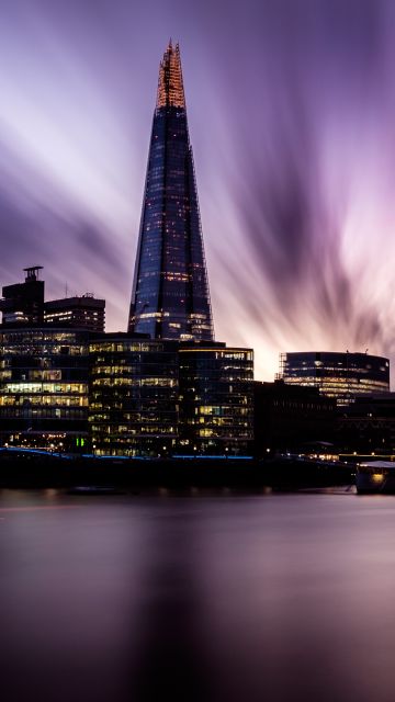 The Shard, London, England, Landmark, Cityscape, City lights, Skyscrapers, River Thames, City Hall, Skyline, Long exposure, Sunset, Purple sky