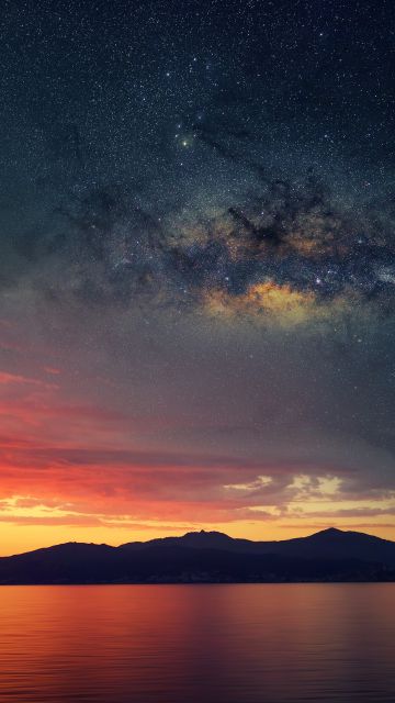Corsica Island, Sunset Orange, Silhouette, Landscape, Astronomy, Galaxies, Milky Way, Starry sky, Scenery, Mountains