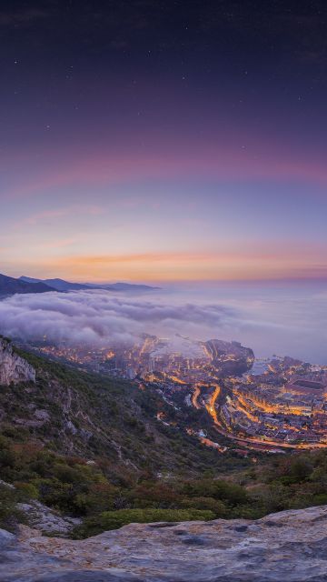 Monaco City, Aerial view, Sunrise, Foggy, Cityscape, City lights, Landscape, Purple sky, Long exposure, Mountains