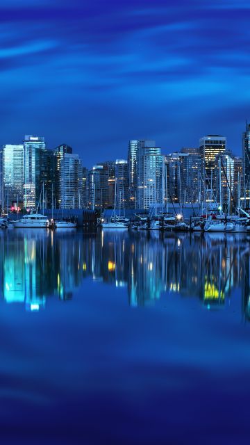 Coal Harbour, Vancouver City, Canada, Cityscape, Body of Water, Reflection, Blue background, Skyscrapers, City lights, Dusk, Boats, Skyline