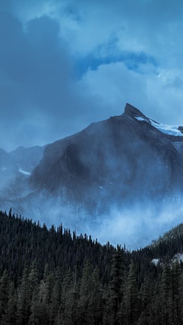 Yoho National Park, Canada, Mountain range, Misty mountains, Snow covered, Cloudy Sky, Alpine trees, Landscape, 5K