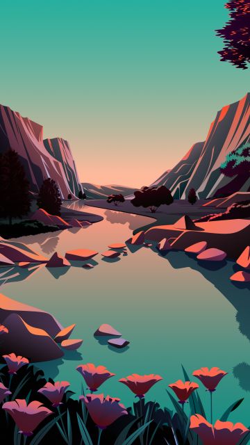 macOS Big Sur, Mountains, River, Rocks, Sunrise, Daylight, Scenery, Illustration, iOS 14, Stock, 5K