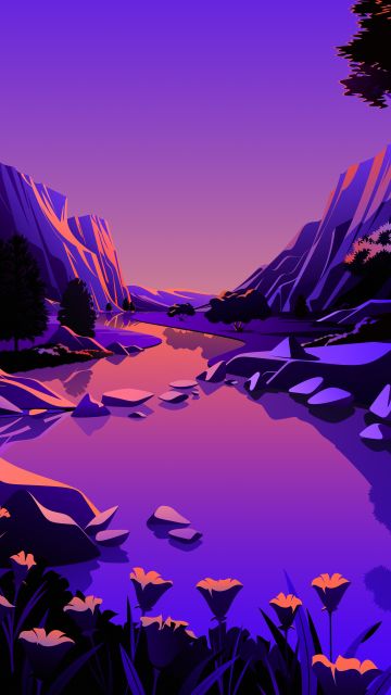 Lake, macOS Big Sur, Mountains, Rocks, Twilight, Sunset, Purple sky, Pink sky, Scenery, Illustration, iOS 14, Stock, Aesthetic, 5K