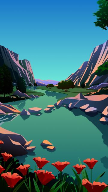 macOS Big Sur, Scenery, Lake, Mountains, Rocks, Evening, Illustration, iOS 14, Stock, 5K