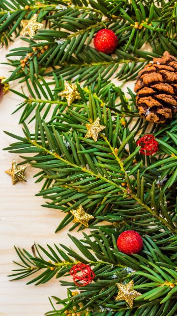 Christmas decoration, Pine branches, Christmas balls, Stars, Wooden background, Merry Christmas, 5K, Preppy Christmas, Navidad, Noel