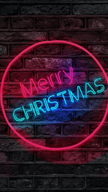 Merry Christmas, Neon, Brick wall, Dark, Colorful, Neon sign, 5K, Navidad, Noel