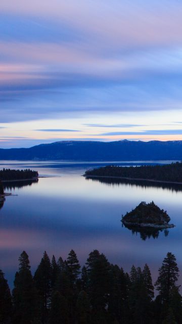 Emerald Bay, Lake Tahoe, California, Silhouette, Mountains, Mountain range, Reflection, Island, Landscape, Sunset