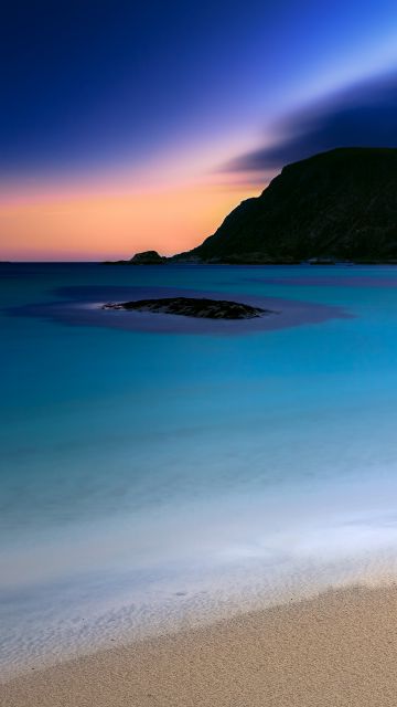 Grotlesanden Beach, Sunset, Norway, Coastal, Ocean blue, Seascape, Night time, Dusk, Landscape, Long exposure, 5K