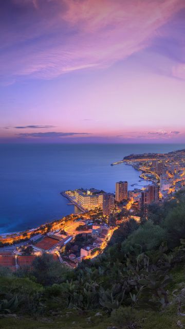 Monaco City, Cityscape, City lights, Purple sky, Sunset, Long exposure, Horizon, Clouds