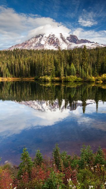 Mirror Lake, Green Trees, Forest, Glacier mountains, Snow covered, Cloudy Sky, Reflection, Body of Water, Landscape, Scenery