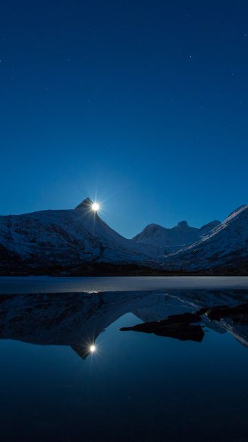 Moonrise, Blue Sky, Mountains, Snow covered, Lake, Landscape, Reflection, Night time, Twilight, Long exposure, 5K