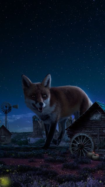Witch House, Fox, Wild animals, Starry sky, Twilight, Night time, Digital composition, Fairy tale, 5K