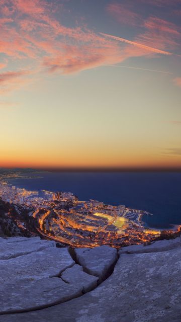 Monaco City, Sunrise, Horizon, Rocks, Clear sky, Clouds, Dusk, Cityscape, City lights, Long exposure, Cliffs, Landscape