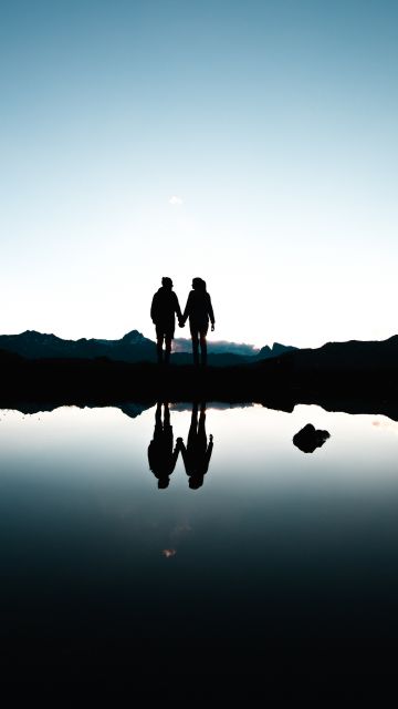 Couple, Switzerland, Silhouette, Together, Holding hands, Romantic, Mountains, Lake, Reflection, Dusk, Evening, 5K