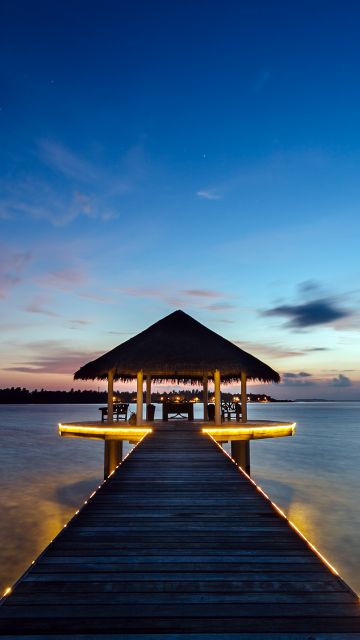 Kihaadhuffaru Island, Maldives, Water Villa, Wooden pier, Seascape, Body of Water, Blue Sky, Landscape, Scenic, Long exposure, Sunset, Tropical, Horizon