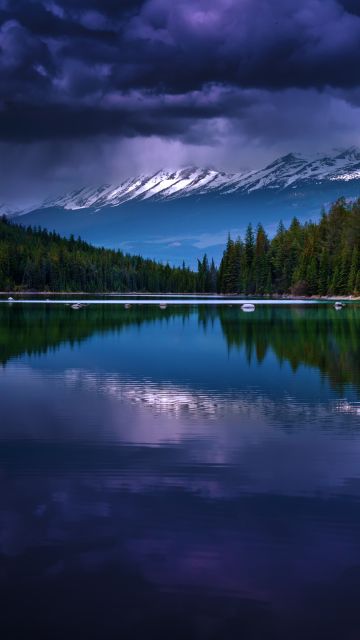 Valley of the five lakes, First Lake, Canada, Jasper National Park, Landscape, Reflection, Green Trees, Dark clouds, Stormy, Glacier mountains, Snow covered