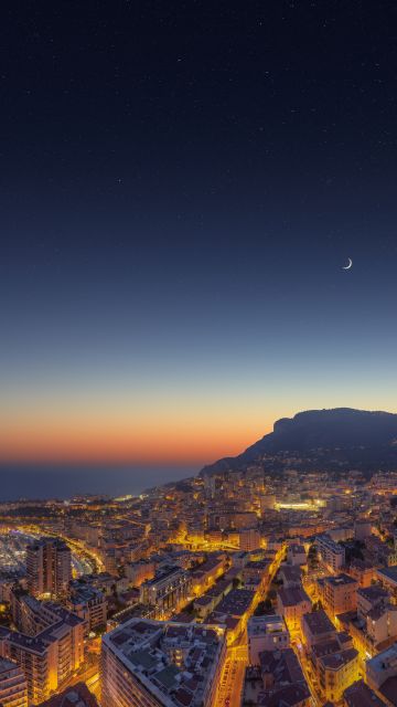 Monaco Yacht Show, Cityscape, City lights, Night time, Ocean, Seascape, Sunset, Crescent Moon, Starry sky