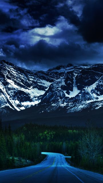 Icefields Parkway, Canadian Rockies, Dusk, Dark clouds, Stormy, Empty Road, Glacier mountains, Snow covered, Green Trees, Landscape, Scenery