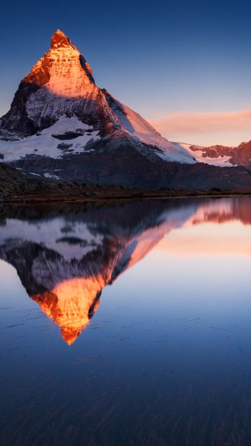 Riffelsee Lake, Switzerland, Glacier mountains, Snow covered, Reflection, Alpenglow, Sunset, Clear sky, Landscape, Scenery