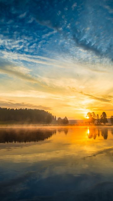 Sunrise, Yellowstone National Park, Mirror Lake, Body of Water, Misty, Clouds, Morning light, Reflection, 5K