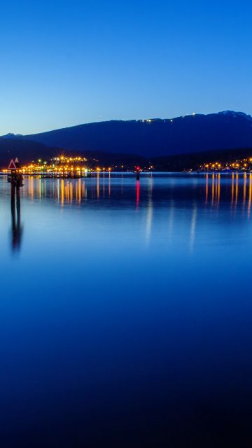 Burrard Inlet, Fjord, Canada, British Columbia, Port Moody, City lights, Seascape, Dusk, Landscape, Reflection, Long exposure, Blue Sky, Body of Water