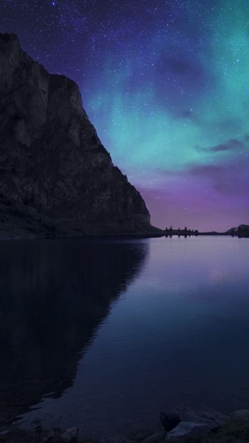 Bannalpsee, Switzerland, Aurora Borealis, Starry sky, Landscape, Mountains, Silhouette, Astronomy, Digital composition, Body of Water, Reservoir, Reflection