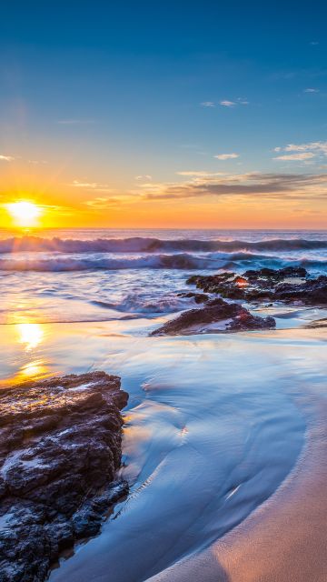 Jones Beach, Kiama Downs, Australia, Sunrise, Seascape, Rocky coast, Ocean, Clear sky, Horizon, Landscape, Waves, Reflection, 5K
