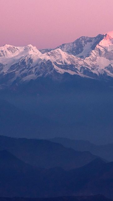 Kangchenjunga, Mountain range, Himalayas, Snow covered, Mountain range, Glacier mountains, Purple sky, Darjeeling, Landscape, Peaks, Sunrise, Alpenglow