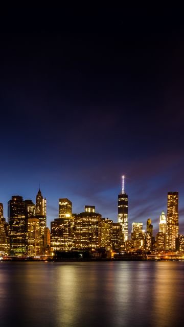 New York City, Long exposure, Skyline, Brooklyn Bridge Park, Waterfront, Night time, Cityscape, City lights, Reflection, Skyscrapers