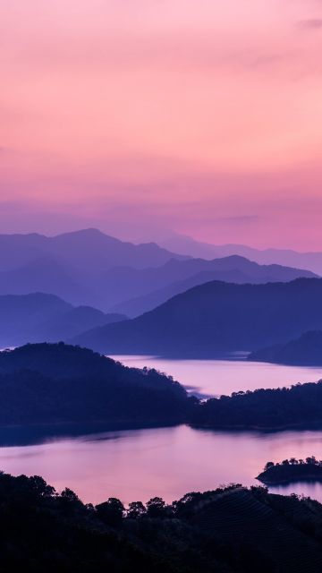 Mountain range, Pink sky, Sunset, Dusk, Lakes, Landscape, 5K, 8K
