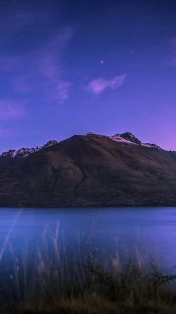 Lake Wakatipu, New Zealand, Mountain, Stars, Sunset, Dusk, Purple sky, Landscape, 5K