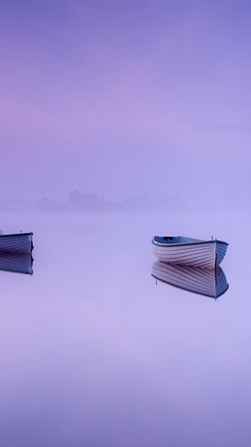 Loch Rusky, Aesthetic, Scotland, Boats, Foggy, Mirror Lake, Reflection, Purple background, Scenery, Landscape, 5K