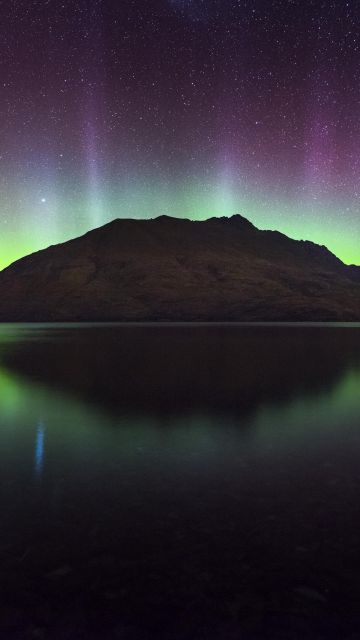 Cecil Peak, New Zealand, Aurora Borealis, Northern Lights, Starry sky, Night time, Lake Wakatipu, Reflection, Landscape, 5K
