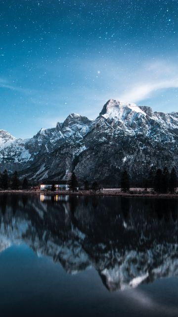 Almsee, Lake Alm, Austria, Landscape, Mountain range, Glacier mountains, Snow covered, Peaks, Reflection, Blue Sky, Stars, Scenery, 5K