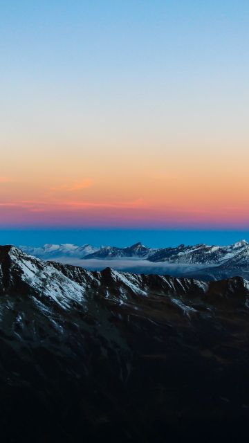 Snow covered, Mountain range, Glacier mountains, Peak, Aerial view, Sunrise, Landscape, Clear sky, Scenic, 5K