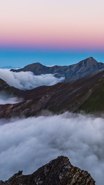 Mountain range, Sunrise, Mountain Peaks, Davos, Switzerland, White Clouds, Aerial view, Beautiful, 5K