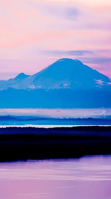 Mount Rainier, Washington State, Seattle, Mountain Peak, Purple sky, Fog, Landscape, Sunrise, Silhouette